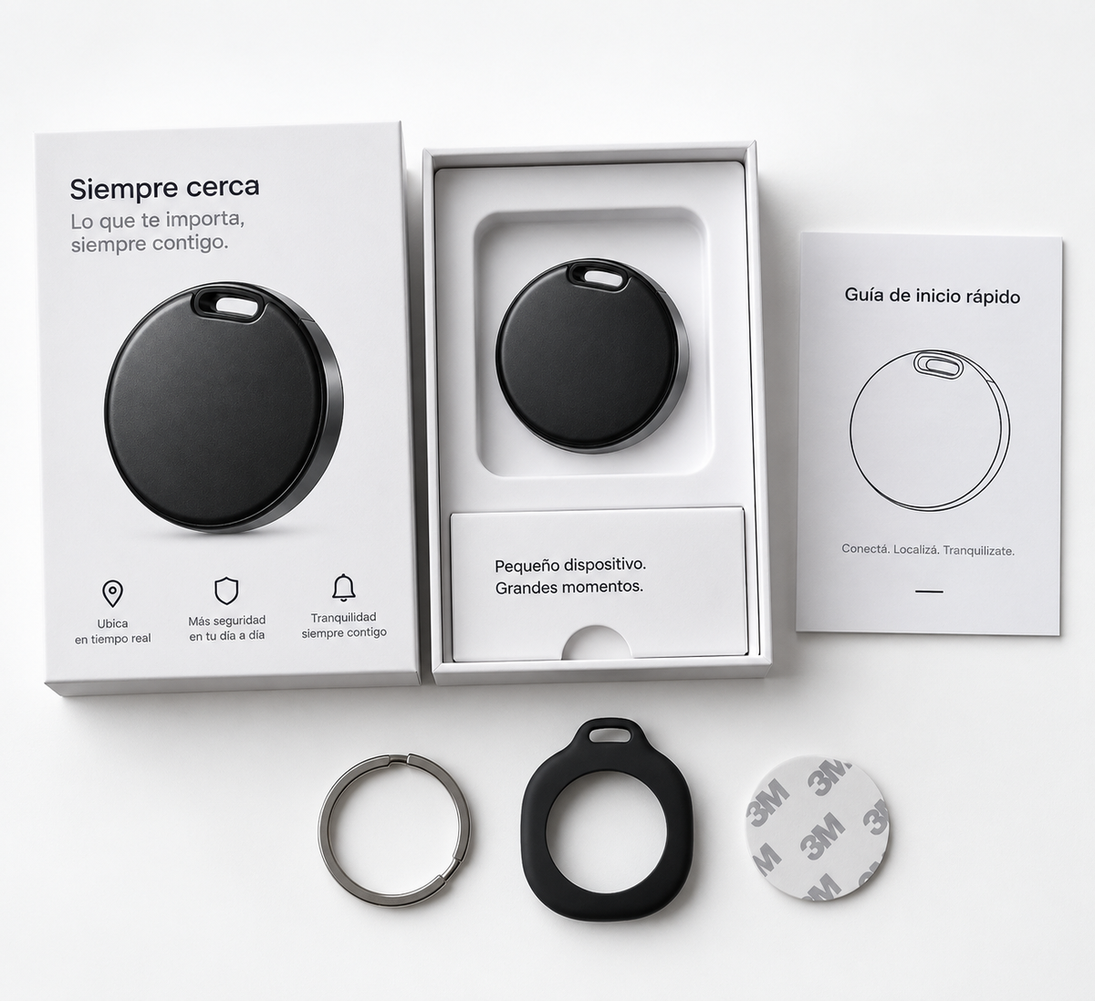 LocaTag™ en su caja, con llavero, funda de silicona y guía rápida