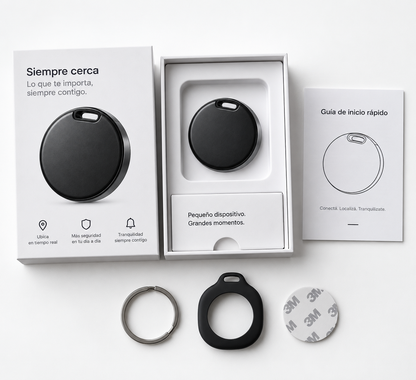 LocaTag™ en su caja, con llavero, funda de silicona y guía rápida